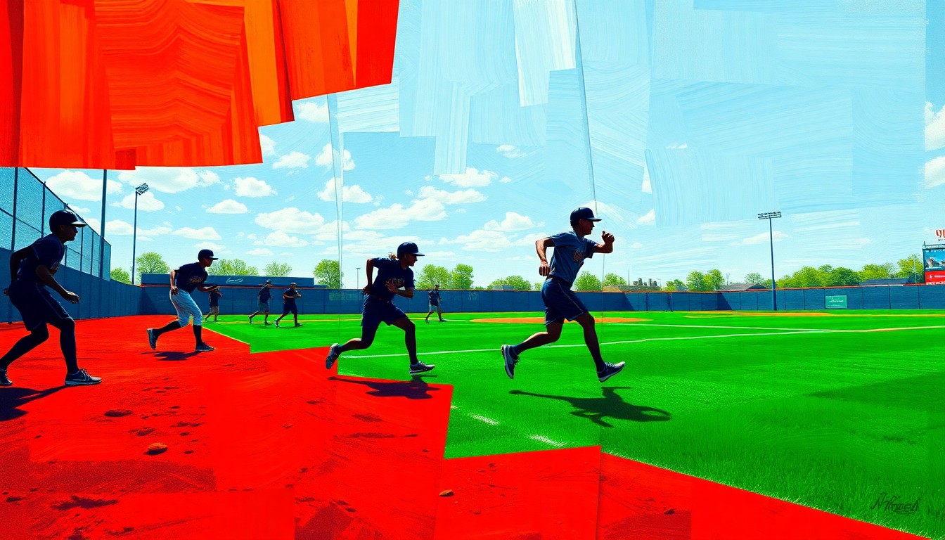 A fragmented, geometric painting depicting the dynamic motion and energy of a high school softball game, with players' forms broken down into overlapping planes of color and shape.