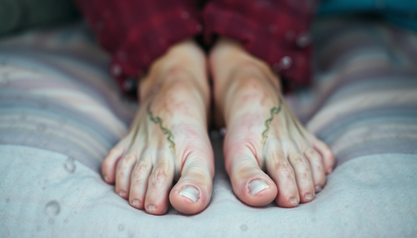 An abstract, impressionistic photograph of a pair of elderly feet resting on a soft, blurred surface, conveying a sense of comfort and care.