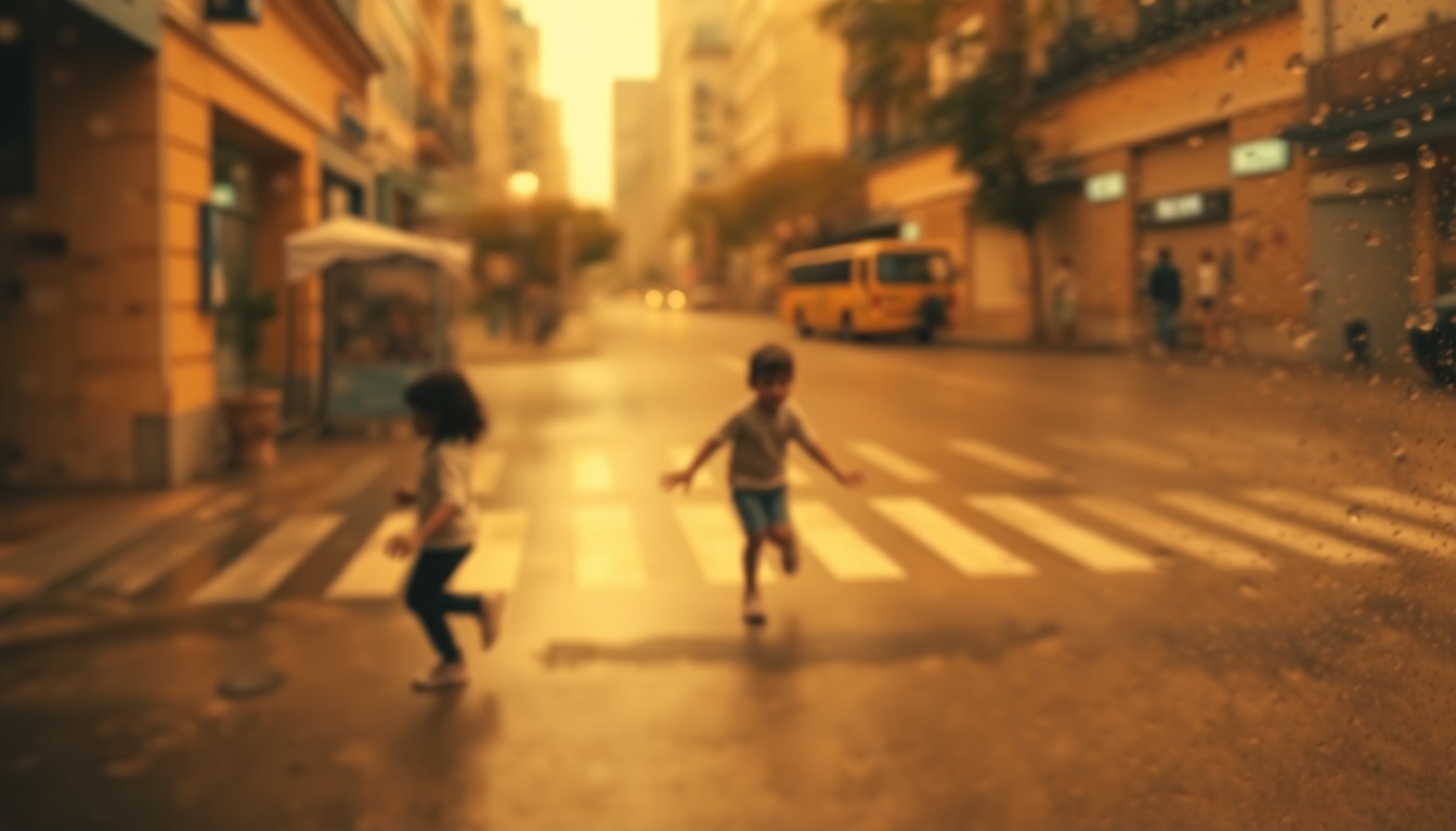 An abstract, out-of-focus photograph depicting a blurred urban street scene with a faint silhouette of a running child and two indistinct figures reaching out, all in a warm, hazy palette, conceptually representing the rescue of a toddler from traffic.