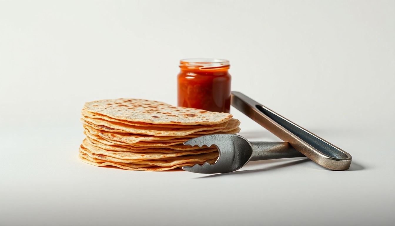 A high-end, photorealistic studio still-life photograph featuring a stack of freshly grilled tortillas, a jar of salsa, and a pair of worn cooking tongs arranged elegantly on a clean, monochromatic background, conceptually representing the community impact of a beloved taqueria's potential closure.