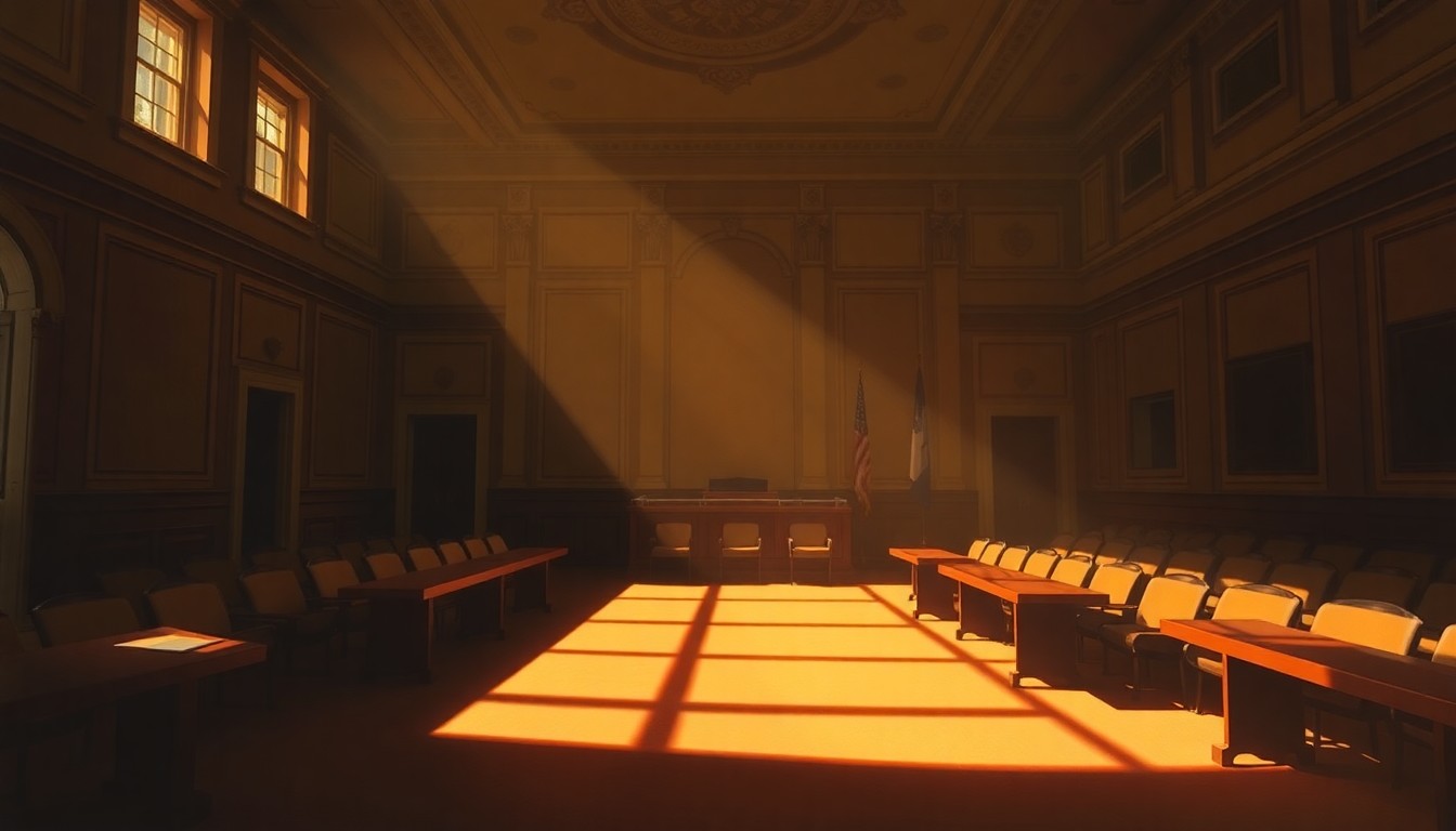 A dimly lit, cinematic painting of an empty city council chamber, with warm sunlight streaming through the windows and deep shadows cast across the empty seats, conveying a sense of quiet contemplation over the unresolved political tensions.