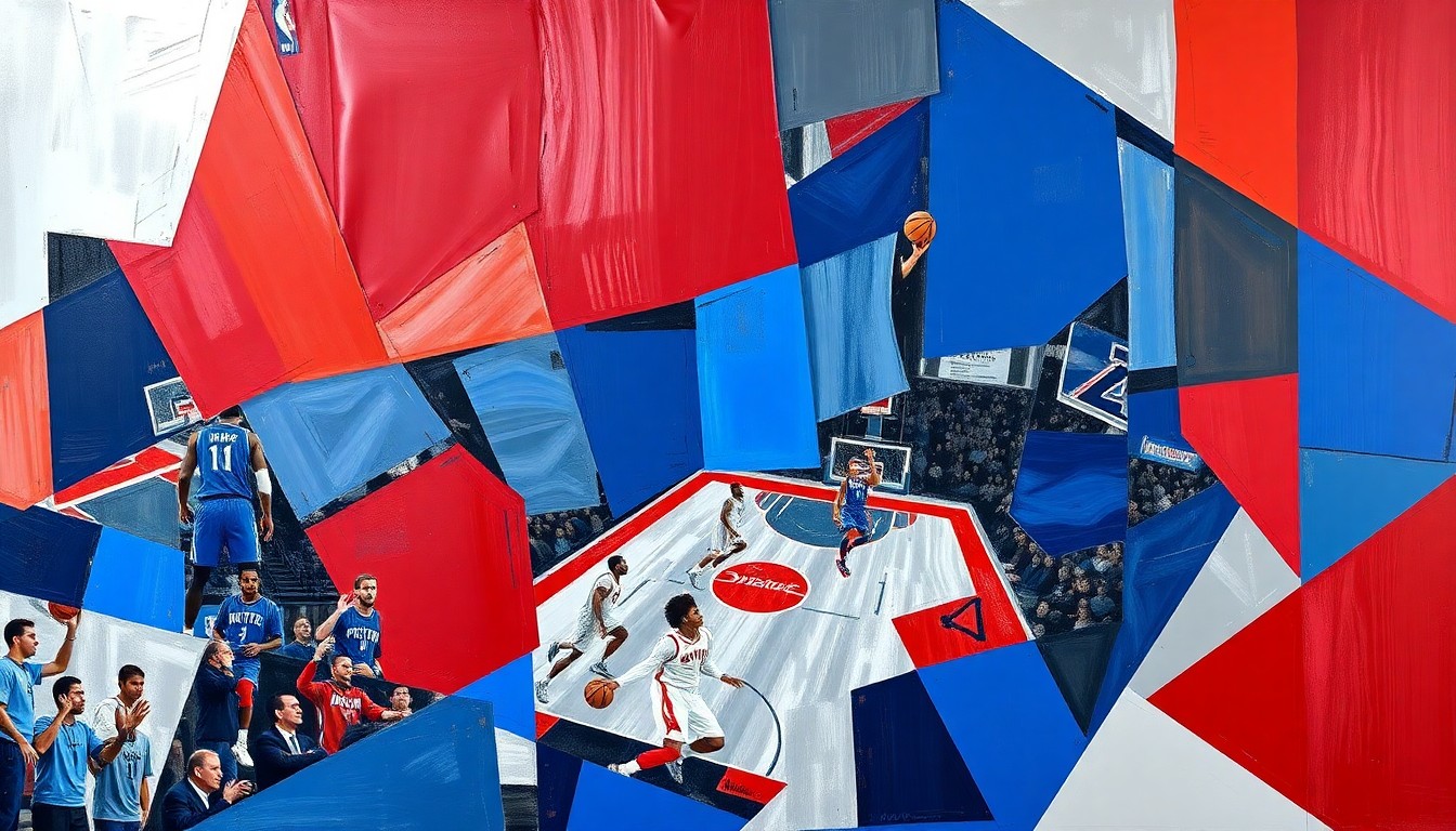 A cubist, geometric painting featuring overlapping planes of red, blue, and silver, conceptually representing the dynamic energy and movement of a Pistons basketball game.