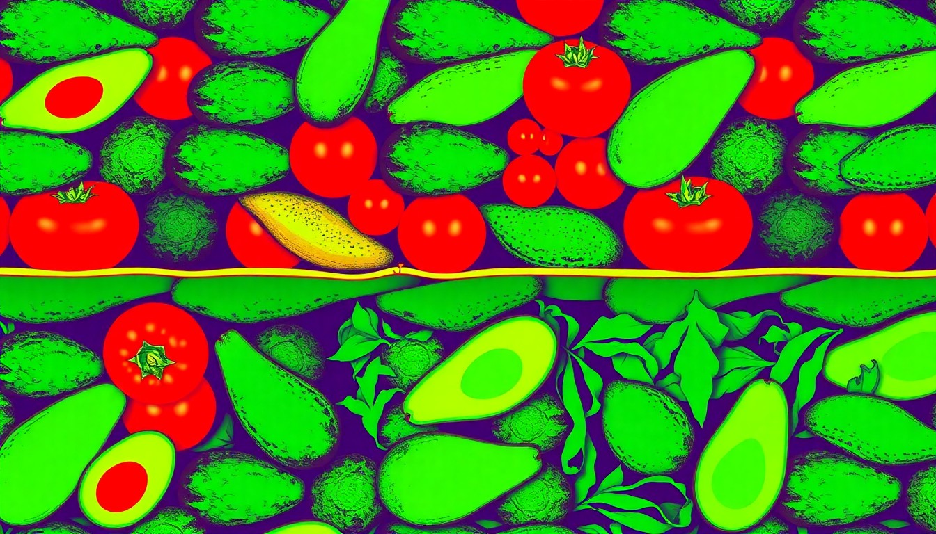 A brightly colored, high-contrast silkscreen print of a stack of organic produce like avocados, tomatoes, and leafy greens, repeated in a tight grid pattern, conceptually representing the joyful energy of a community festival.