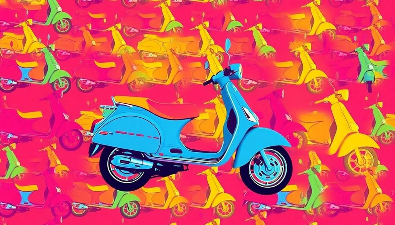 A brightly colored, high-contrast silkscreen print of a single, iconic bicycle repeated in a tight grid pattern, utilizing flat, vibrant neon color palettes overlapping with heavy black photographic outlines to turn everyday transportation into modern pop art.