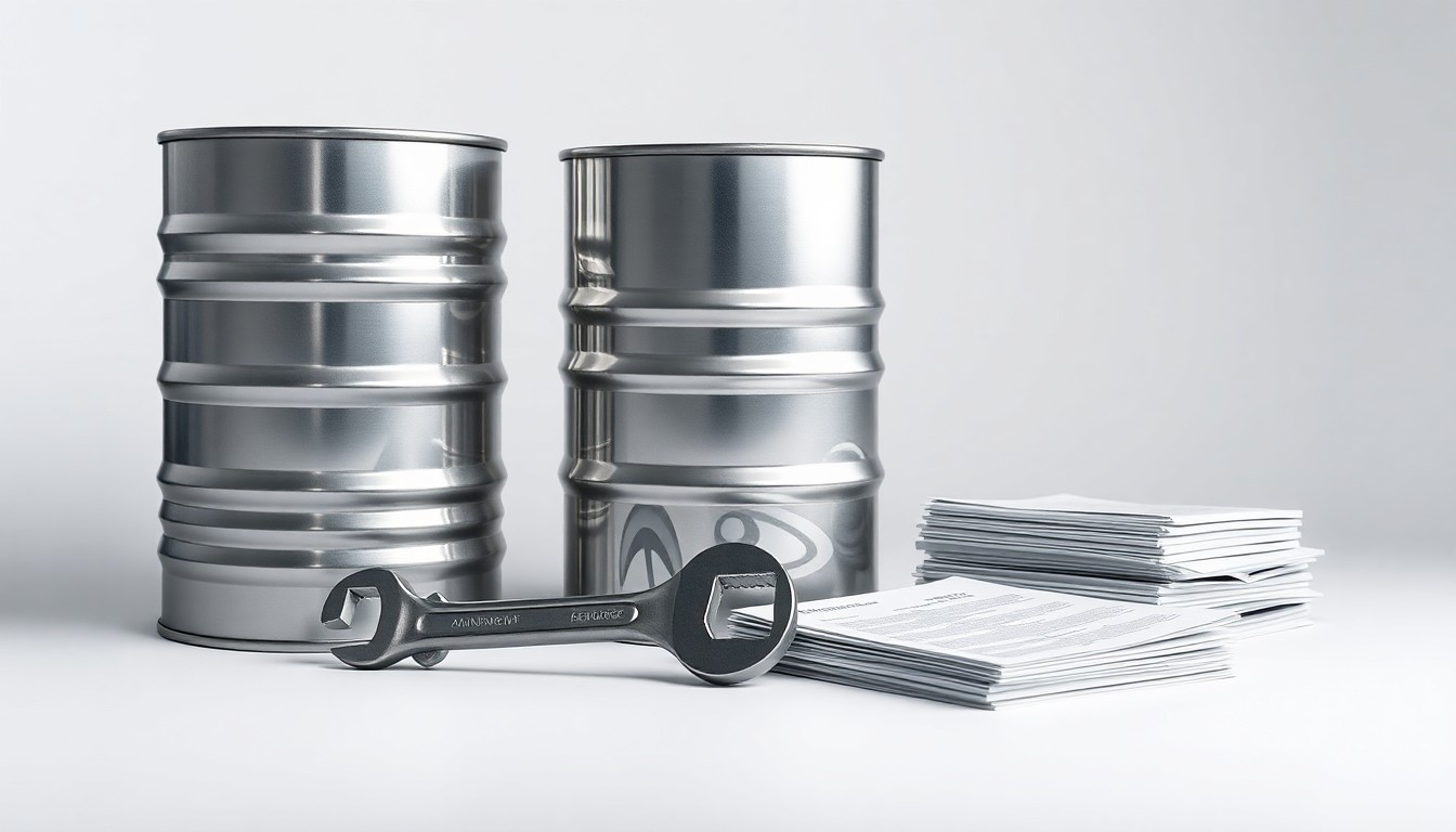 A photorealistic studio still life featuring a polished metal oil barrel, a gleaming wrench, and a stack of financial documents, symbolizing VAALCO's energy production and financial strategy.