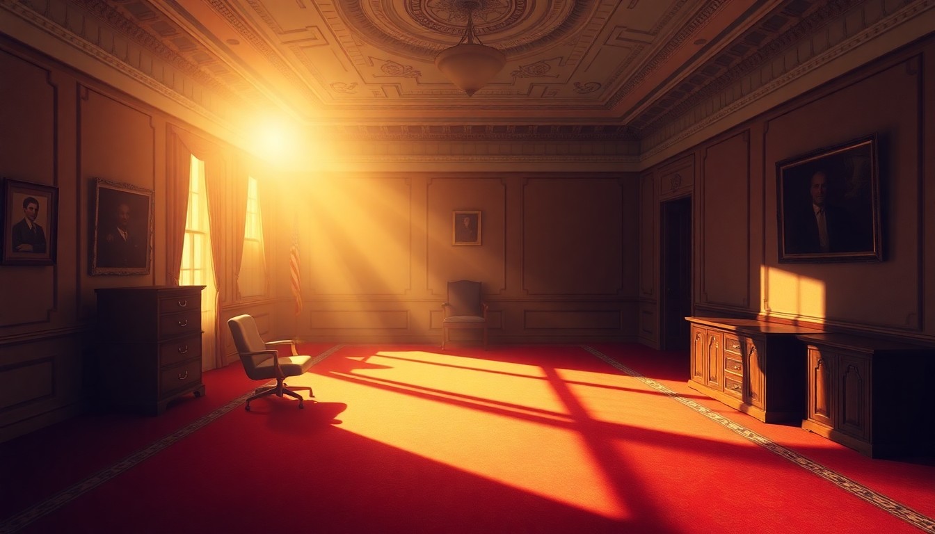 A dimly lit, cinematic painting of an empty congressional office, with warm sunlight streaming in through the windows and deep shadows casting a somber mood, conceptually representing the political turmoil surrounding the resignations.