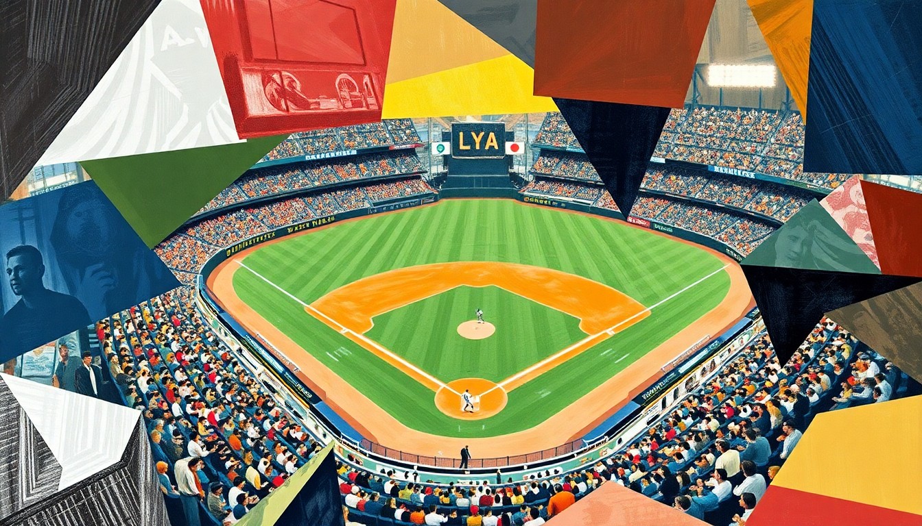 A fragmented, cubist-style painting depicting a baseball game, with the players, field, and stadium broken down into sharp, overlapping geometric shapes and planes of vibrant colors, capturing the energy and drama of a late-inning comeback.