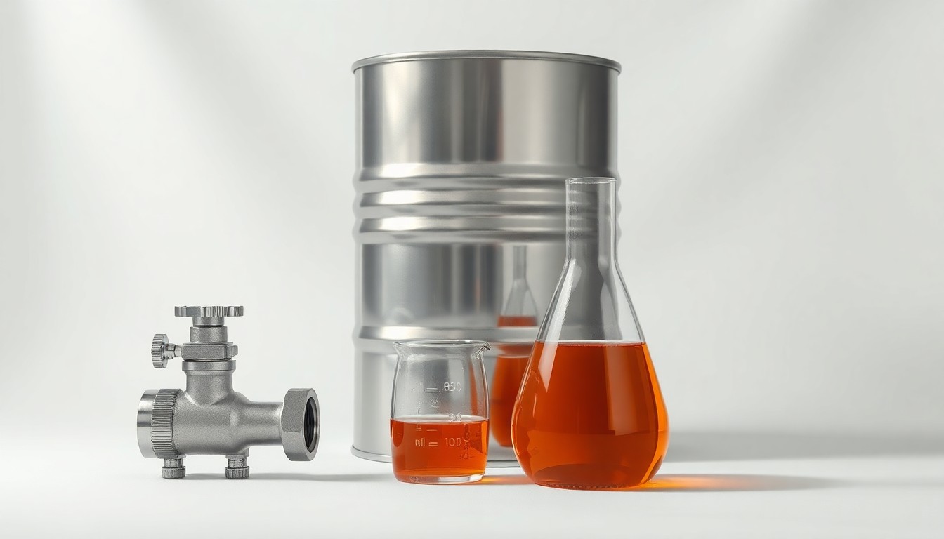 A photorealistic studio still life featuring a polished metal oil barrel, chrome valve, and glass beaker filled with amber liquid, symbolizing the abstract concepts of energy production and corporate strategy.