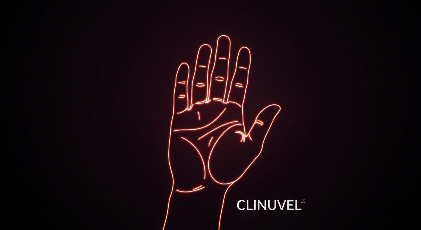 A minimalist, glowing neon outline of a human hand against a dark background, conceptually representing the potential of CLINUVEL's photomedicine technology to address vitiligo.