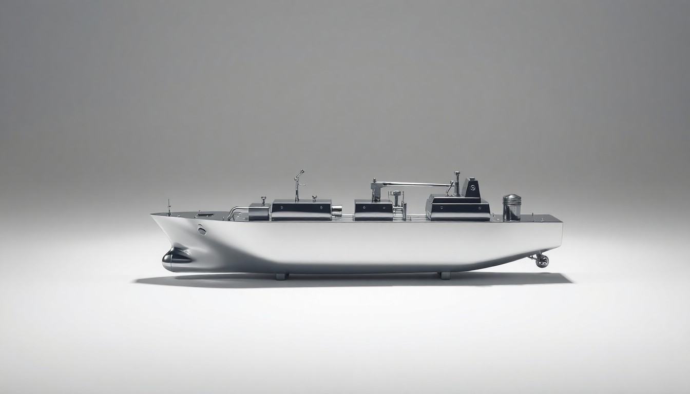 A highly polished, geometric metal sculpture in the shape of a liquefied gas tanker ship, dramatically lit against a clean, monochromatic background, symbolizing the abstract concepts of corporate strategy and market positioning in the shipping industry.