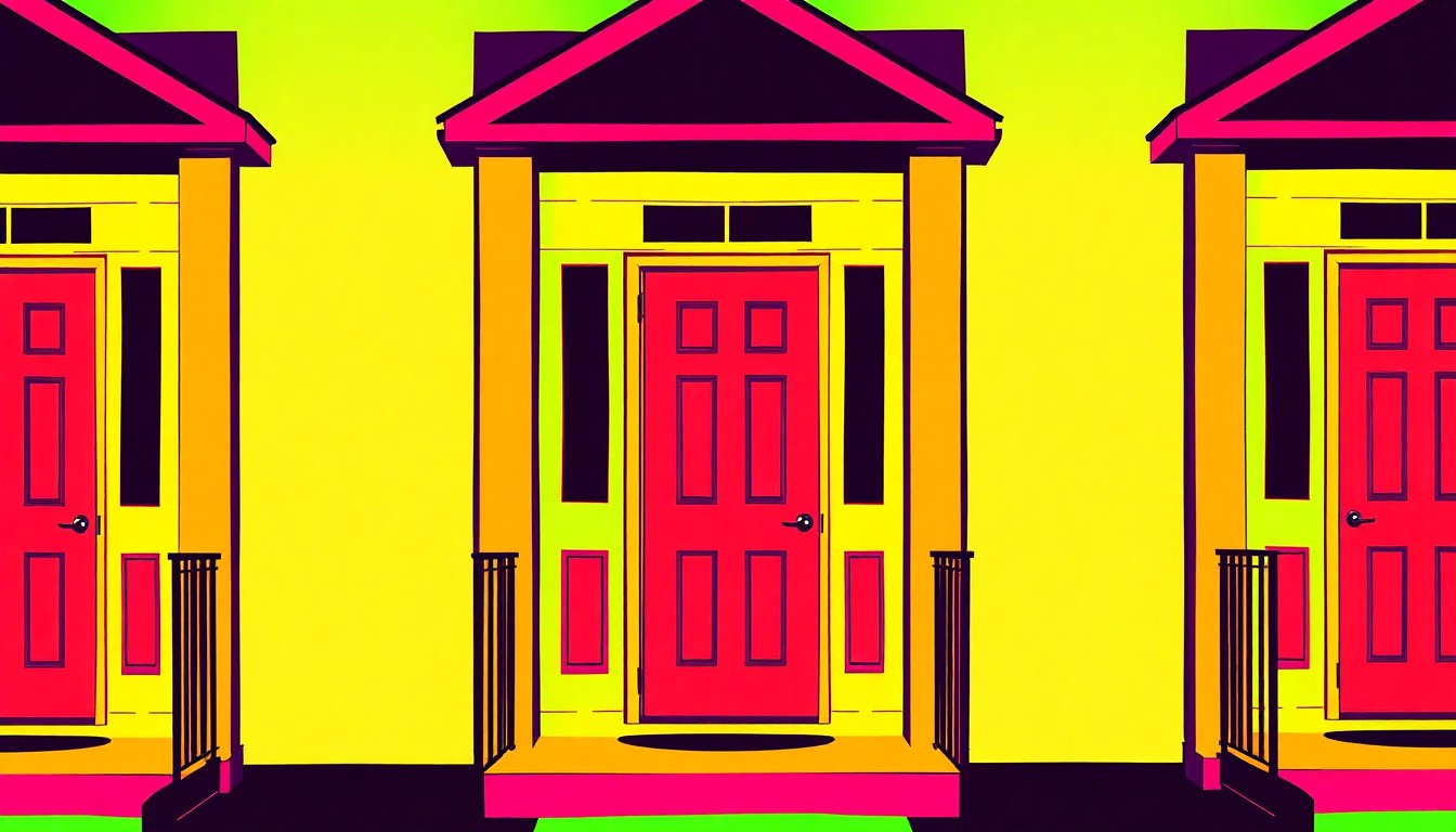 A boldly colored, silkscreen-style illustration featuring a repeating pattern of a simple, iconic home exterior object like a front door or window, conceptually representing the new affordable housing development in Southside Easton.