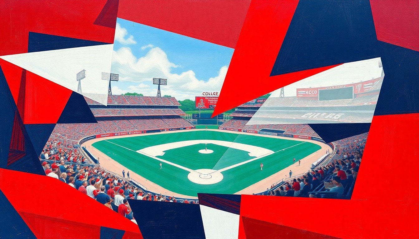 A cubist, geometric painting depicting a college baseball game, with overlapping planes of crimson red, navy blue, and white, capturing the dynamic energy and action of the sport.