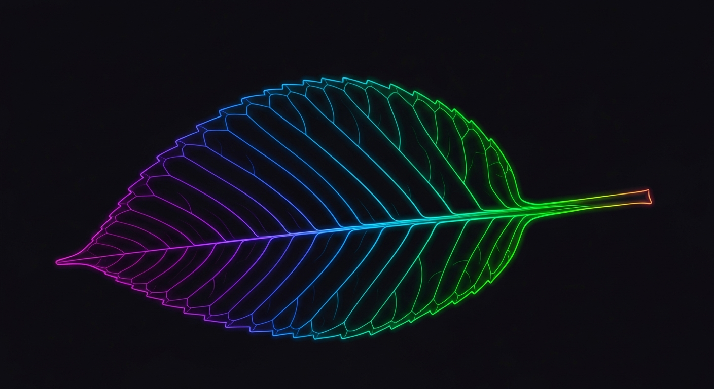 A minimalist design in the style of Keith Haring, where the outline of a kratom leaf is defined entirely by glowing, vibrant neon lines against a deep, dark background, emphasizing the leaf's shape and the energy of the substance.