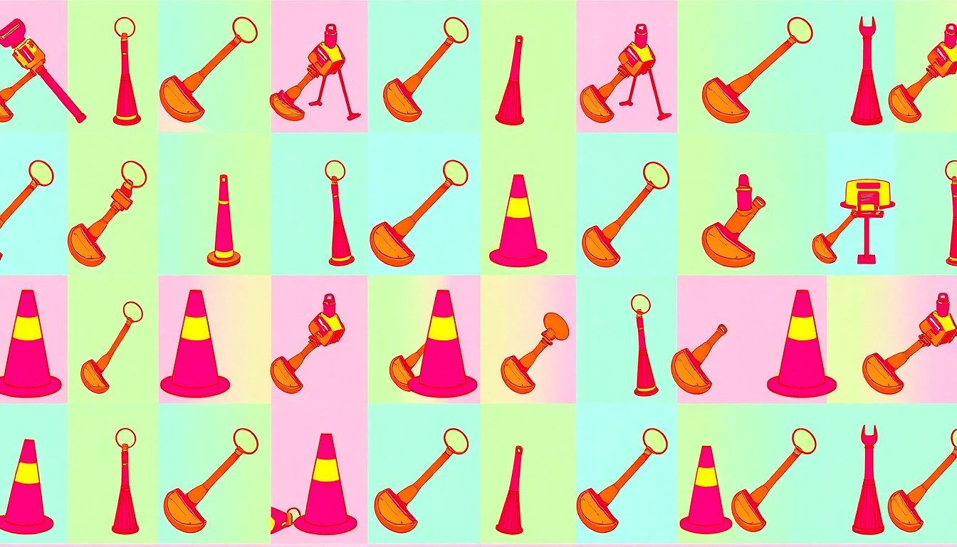 A highly stylized, abstract grid of brightly colored construction tools, conceptually representing the sidewalk repair work underway in downtown South Haven.