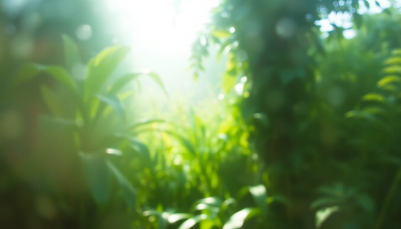 An extremely blurred, impressionistic photograph of a verdant, overgrown green space with soft, warm light filtering through the foliage, conceptually representing the potential transformation of a formerly contaminated site into a new public park.