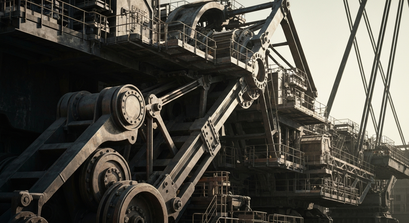 An extreme close-up of gears, levers, and other heavy mining machinery in muted industrial tones, conveying the technical complexity and industrial power behind Newmont's gold production.