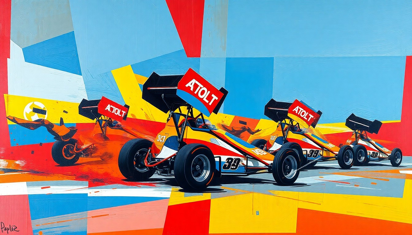 A fractured, geometric painting in bold primary colors depicting the dynamic motion and competition of a sprint car race.