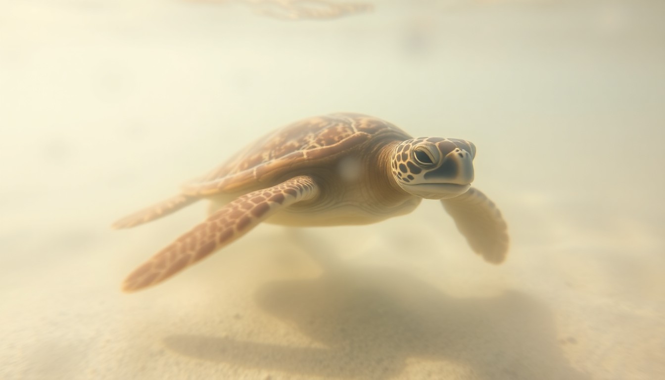 An abstract, impressionistic photograph of a sea turtle swimming in blurred, hazy coastal waters, conveying a sense of tranquility and environmental preservation.