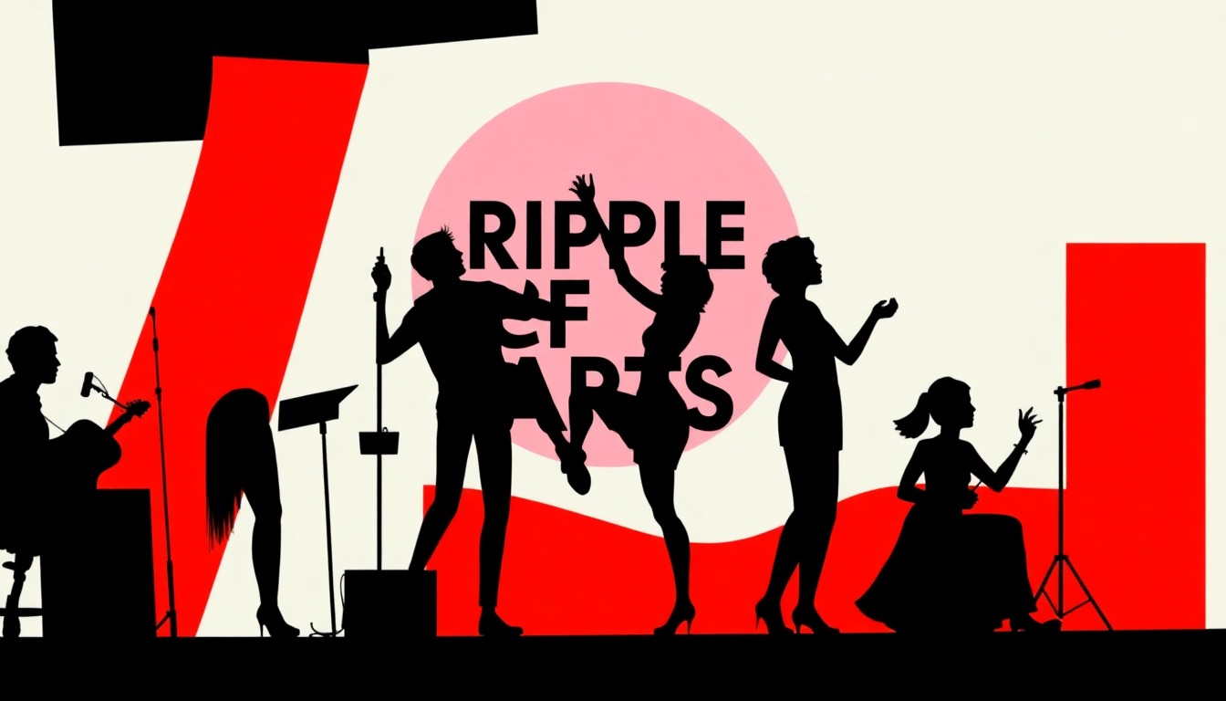 An abstract, minimalist illustration featuring stark black silhouettes of various artistic figures and shapes in a high-contrast composition, conceptually representing the diverse artistic disciplines of the Ripple Effect Santa Cruz Arts Festival.