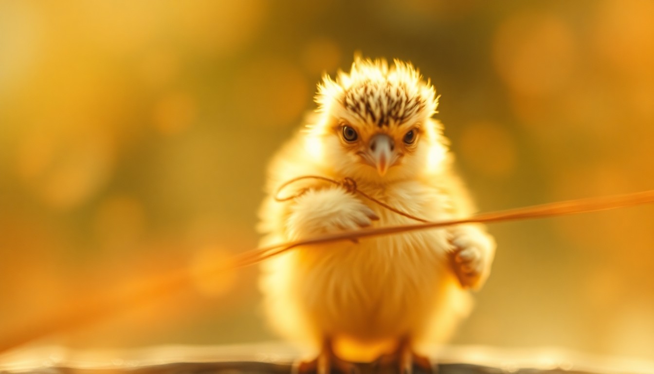 An abstract, impressionistic photograph showing the blurred outline of a baby osprey chick entangled in monofilament line, surrounded by soft, warm pools of light and color, conveying the fragility and vulnerability of local wildlife.