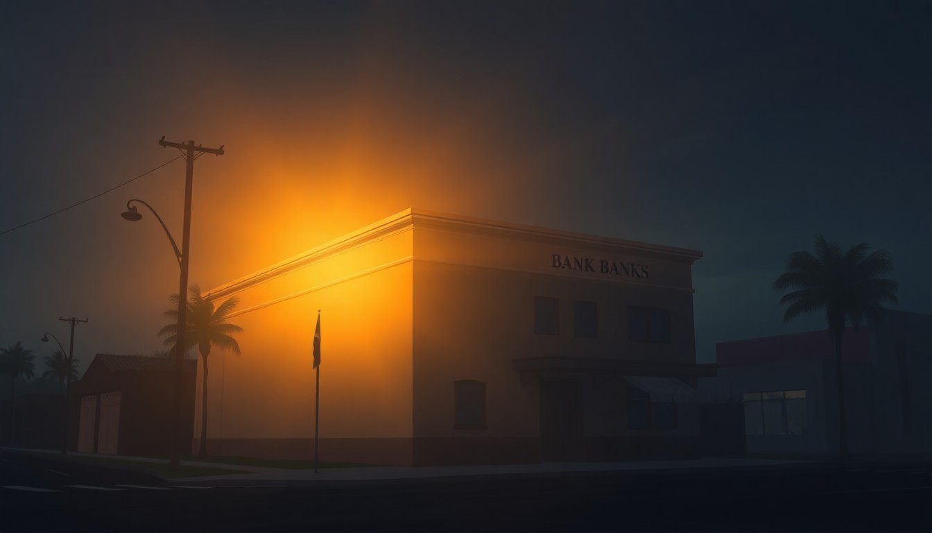 A photorealistic painting of a bank building in Coral Gables, with warm lighting and deep shadows creating a sense of solitude and nostalgia, conceptually representing the misuse of public funds.