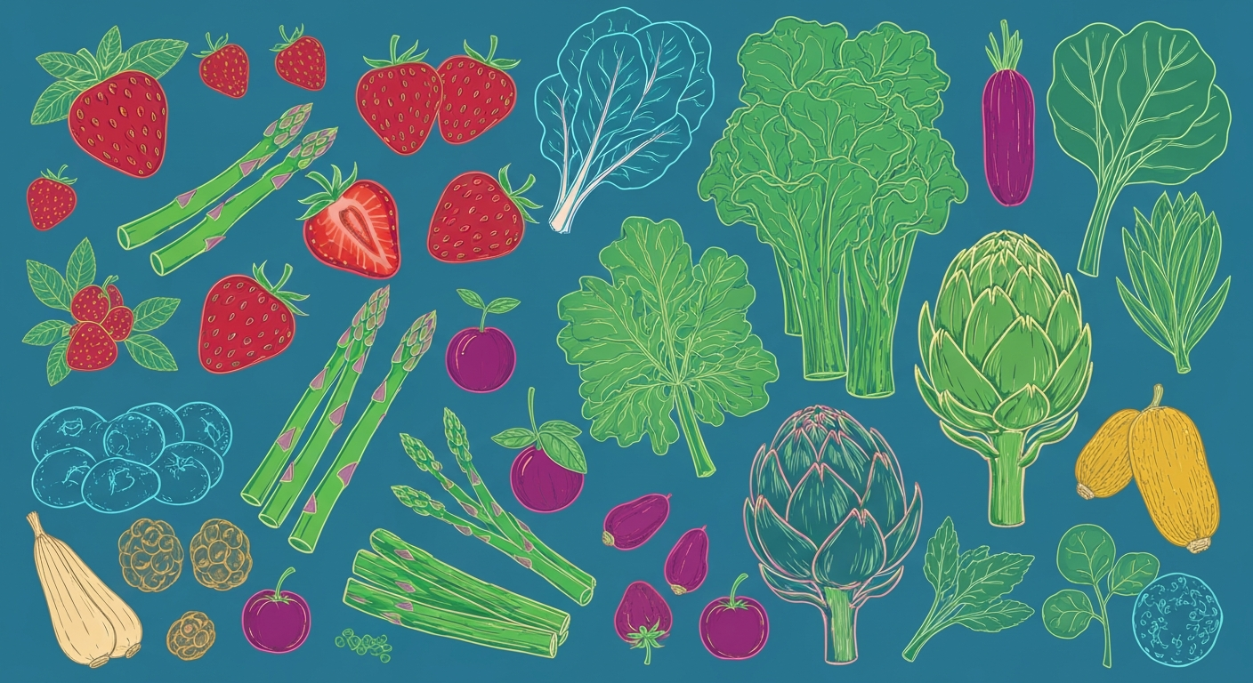 A minimalist design in the style of Keith Haring where various spring produce items are defined entirely by glowing, vibrant neon lines against a deep, dark background, emphasizing the shape and energy of these healthy, mood-enhancing foods.