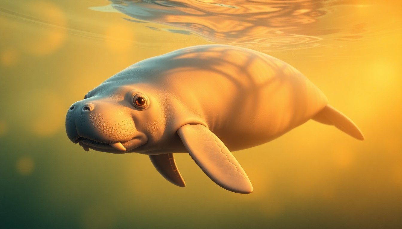 An extremely abstracted, out-of-focus photograph of a manatee swimming in soft, warm pools of golden light, conceptually representing the peaceful coexistence between wildlife and the Bradenton community.