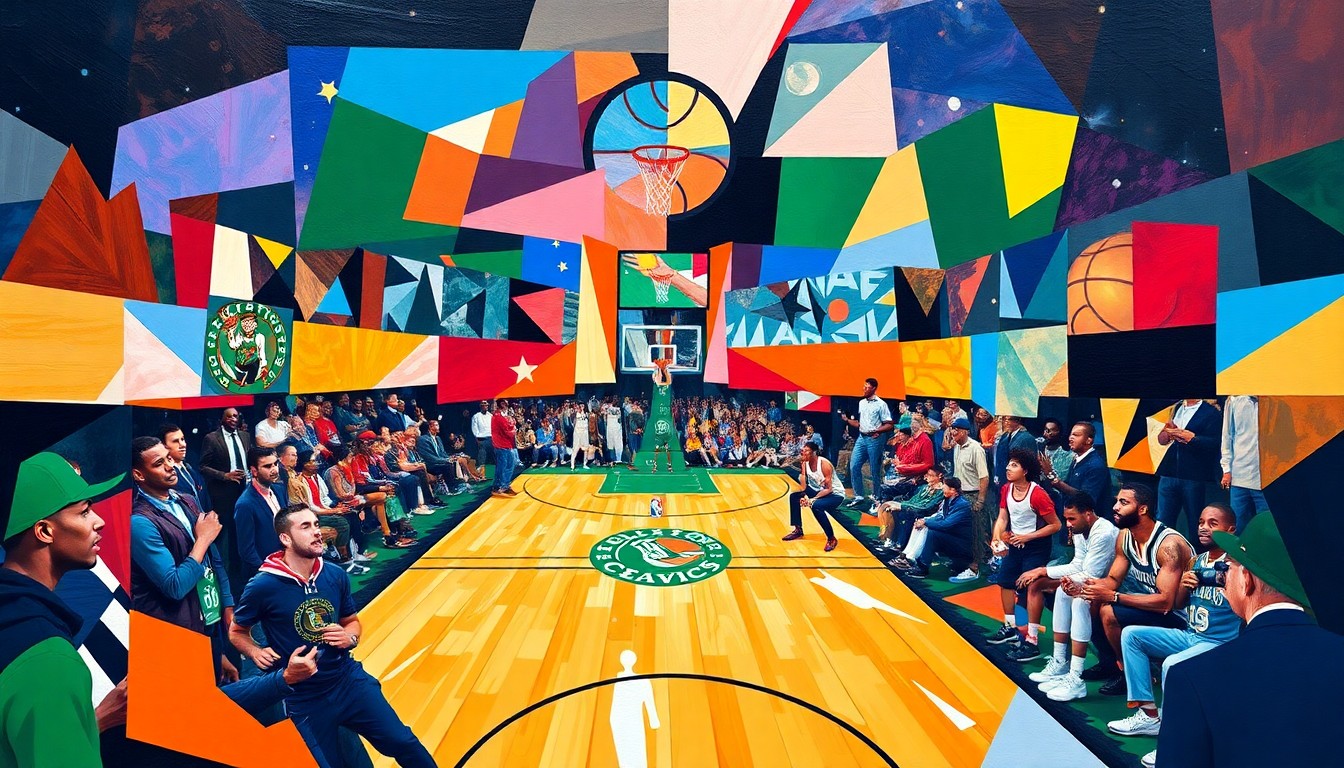 A cubist, geometric painting depicting a fragmented basketball court and players, rendered in the bold colors of the Boston Celtics and their playoff opponent, capturing the intensity and unpredictability of the upcoming first-round series.