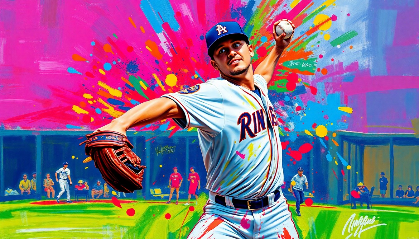 An abstract, expressionist painting featuring bold, neon-colored brushstrokes that capture the intense energy and emotion of a baseball pitcher on the mound, with the pitcher's face and uniform dissolving into unrecognizable splatters of paint.