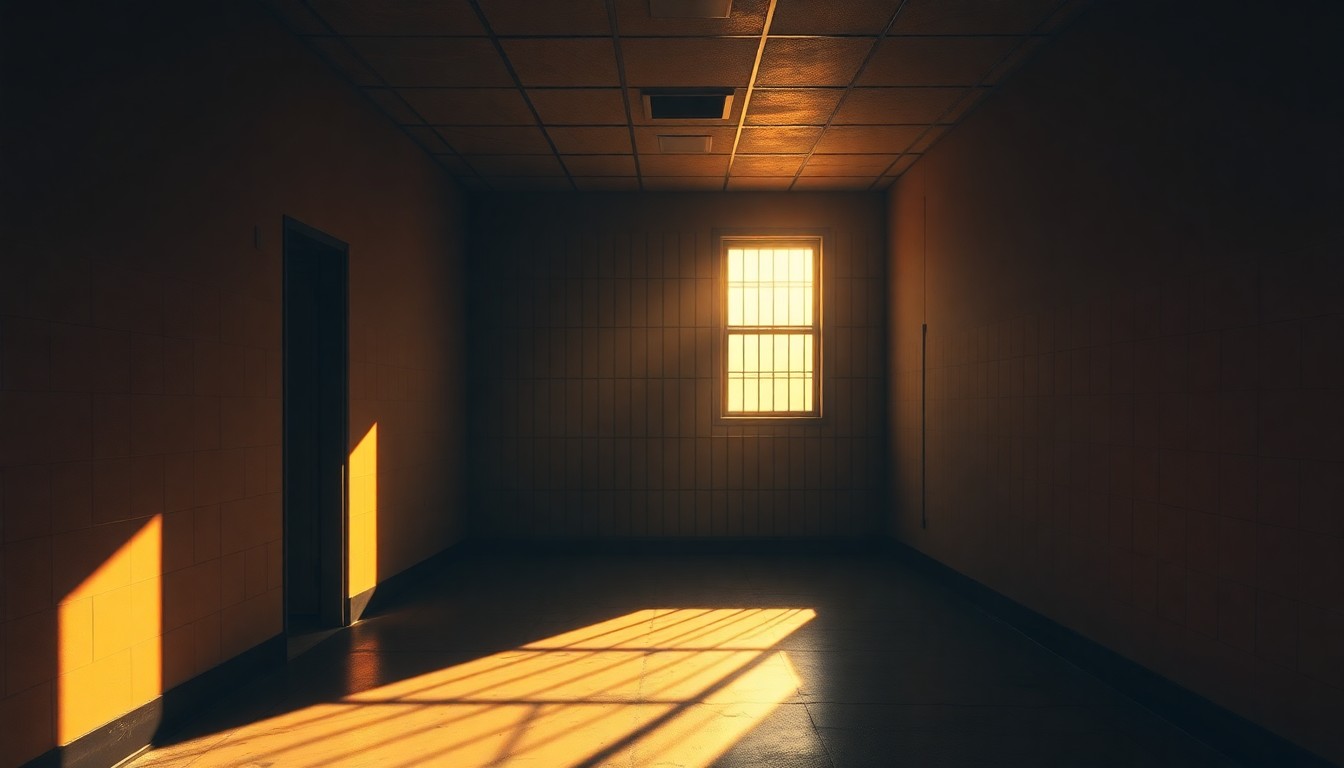 A dimly lit, cinematic painting of an empty detention center cell, with warm sunlight streaming in through a barred window and casting deep shadows across the sparse furnishings, conveying a sense of isolation and melancholy.