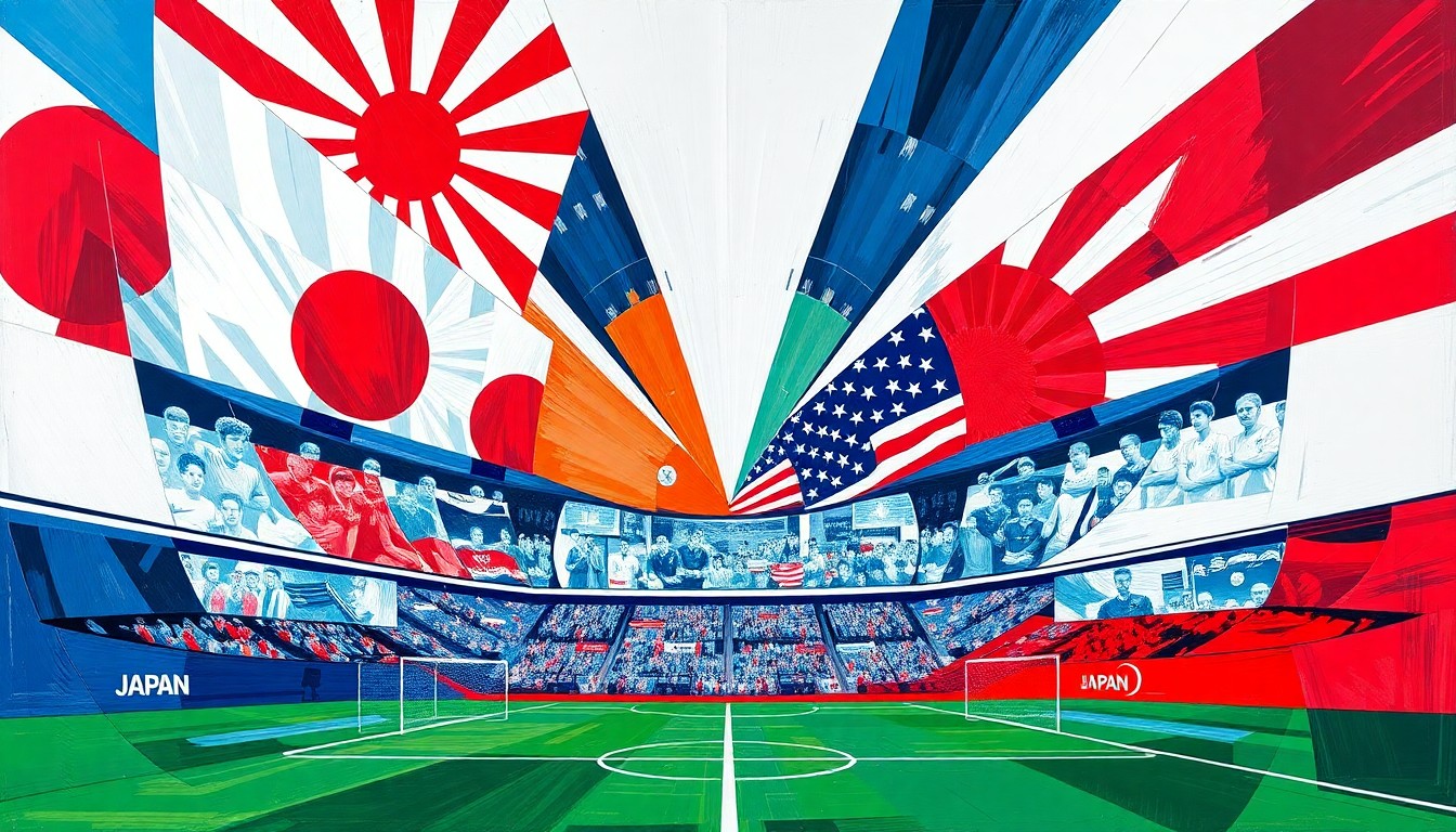 A cubist, geometric painting depicting the Japan vs. USWNT soccer match, with overlapping planes of color and fragmented shapes representing the dynamic action on the field.