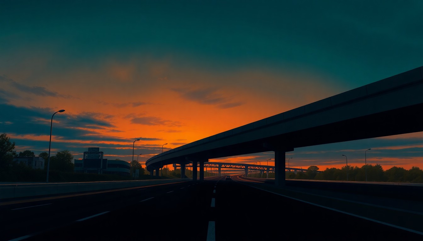 A serene, cinematic painting of an empty highway overpass at dusk, with warm sunlight casting long shadows across the concrete structure, conveying a sense of quiet contemplation around the contentious casino development.