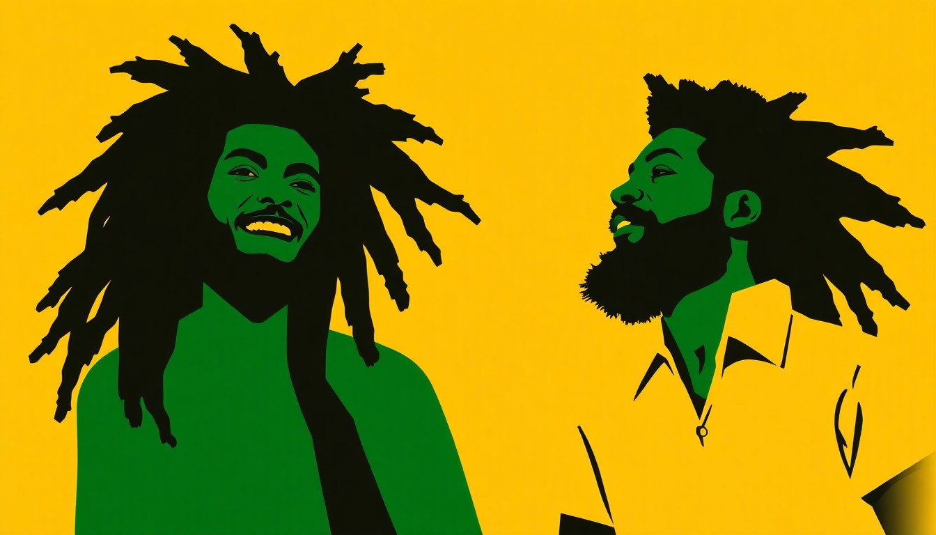 An abstract, minimalist illustration featuring bold, jagged shapes in shades of green and yellow, conceptually representing the roots reggae music and multicultural influences of the band Ancestree.