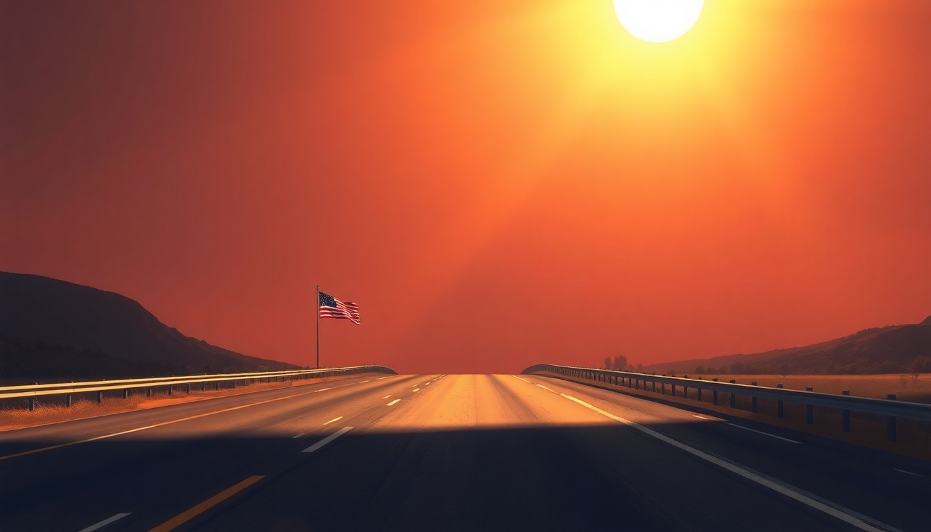 A serene, cinematic painting of an empty highway under a warm, golden sky, with a lone American flag waving in the breeze, conceptually representing the dedication of a memorial highway to honor a fallen soldier.