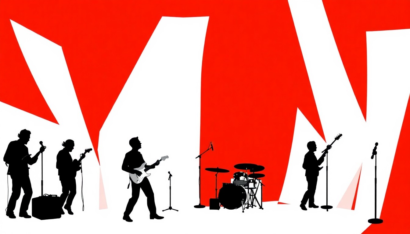 An abstract illustration featuring bold, geometric shapes in high-contrast colors like red and white, conceptually representing the diverse array of events and entertainment options in Santa Cruz.