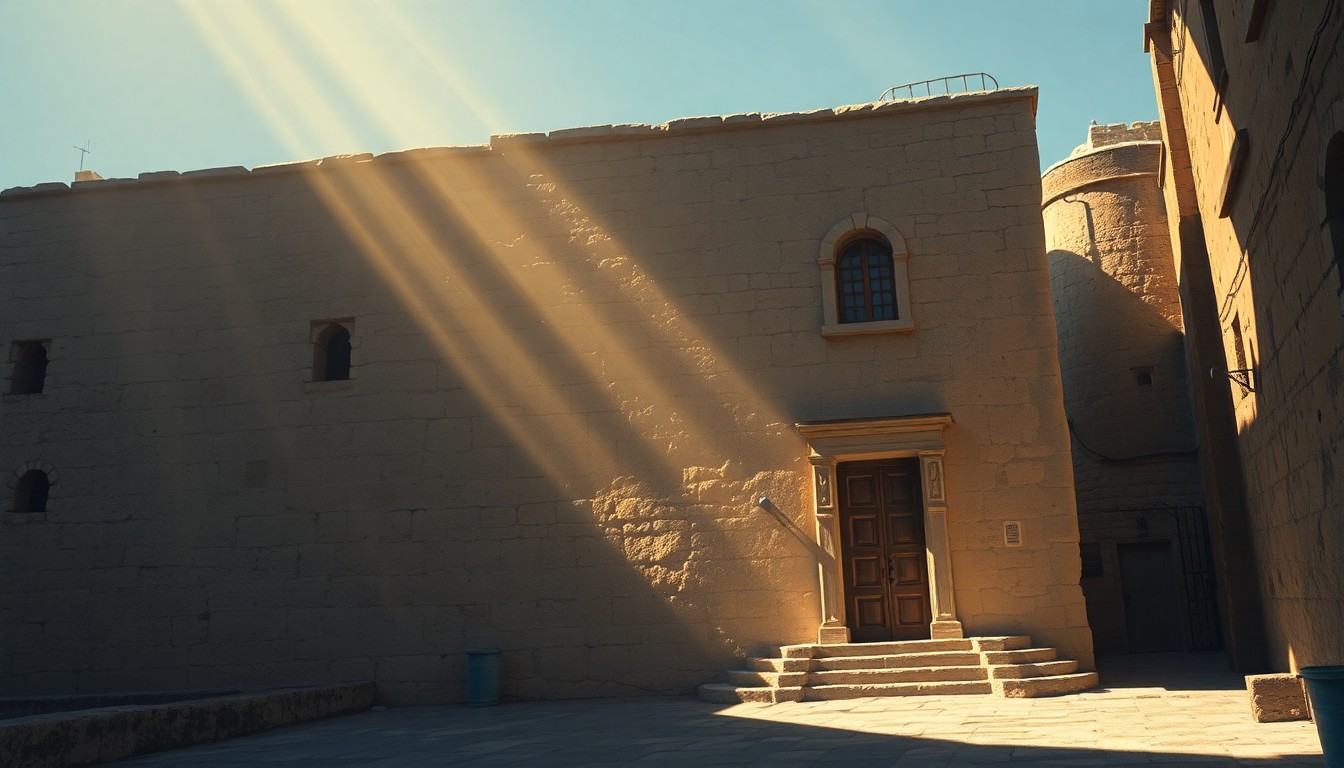 A serene, painterly depiction of an old stone building in Jerusalem, with warm sunlight casting deep shadows across the facade, conveying a sense of timeless contemplation and the power of empathy to bridge divides.