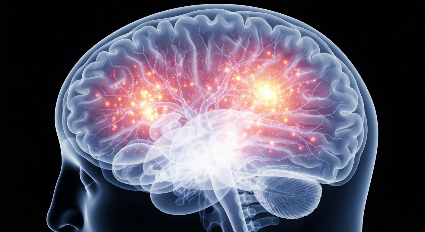 A highly detailed, translucent X-ray photograph of a human brain, with glowing neural pathways and blood vessels visible. The brain appears to be under stress, with areas of heightened activity, conceptually illustrating the physiological effects of seasonal migraine triggers.