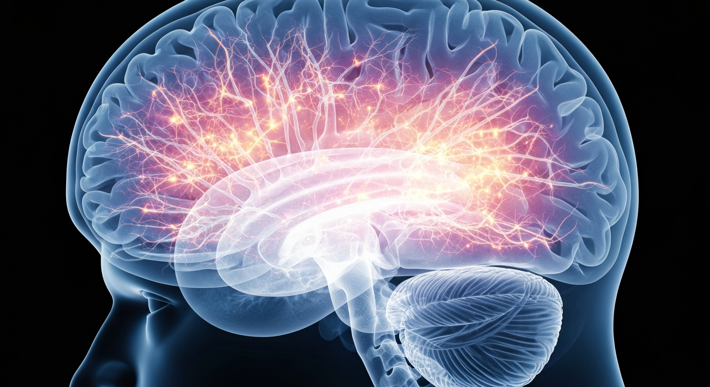 A ghostly, translucent X-ray image of a human brain, with glowing, intricate neural pathways and structures, conceptually illustrating the fragility and complexity of the brain.
