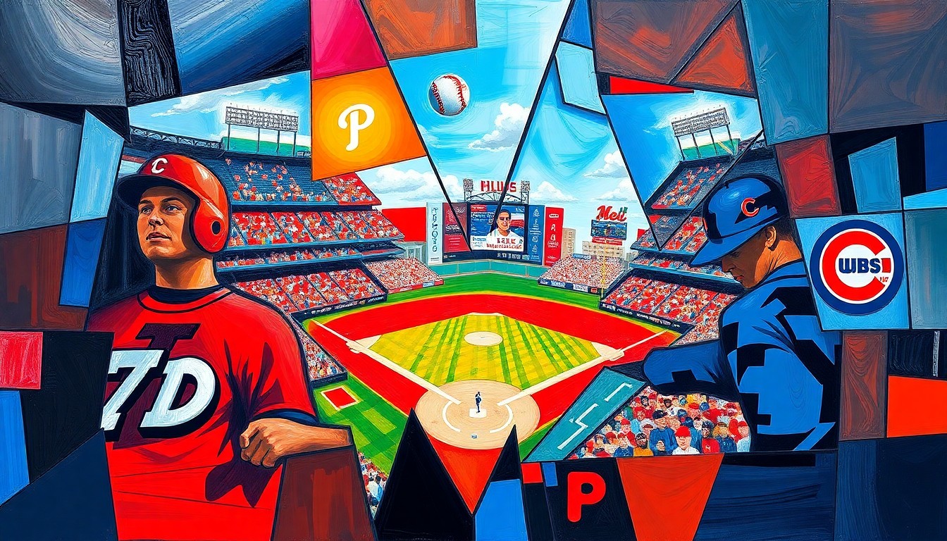 A cubist-style painting featuring sharp, overlapping geometric shapes in the Phillies' red and the Cubs' blue, conveying the chaos and fragmentation of the game's pivotal sixth inning.