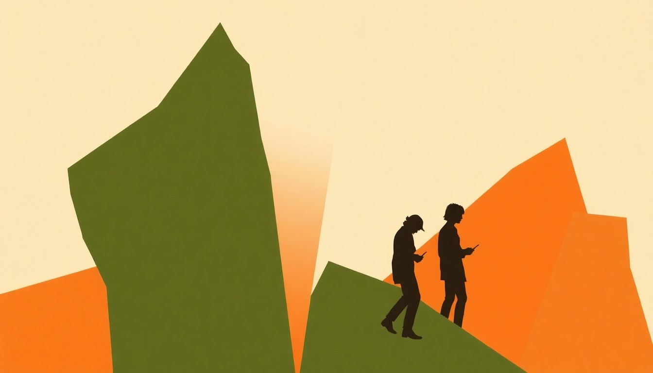 An abstract, minimalist illustration featuring jagged, overlapping shapes in earthy tones, capturing the folk-inspired sound and collaborative spirit of the band Essie and The Hum.