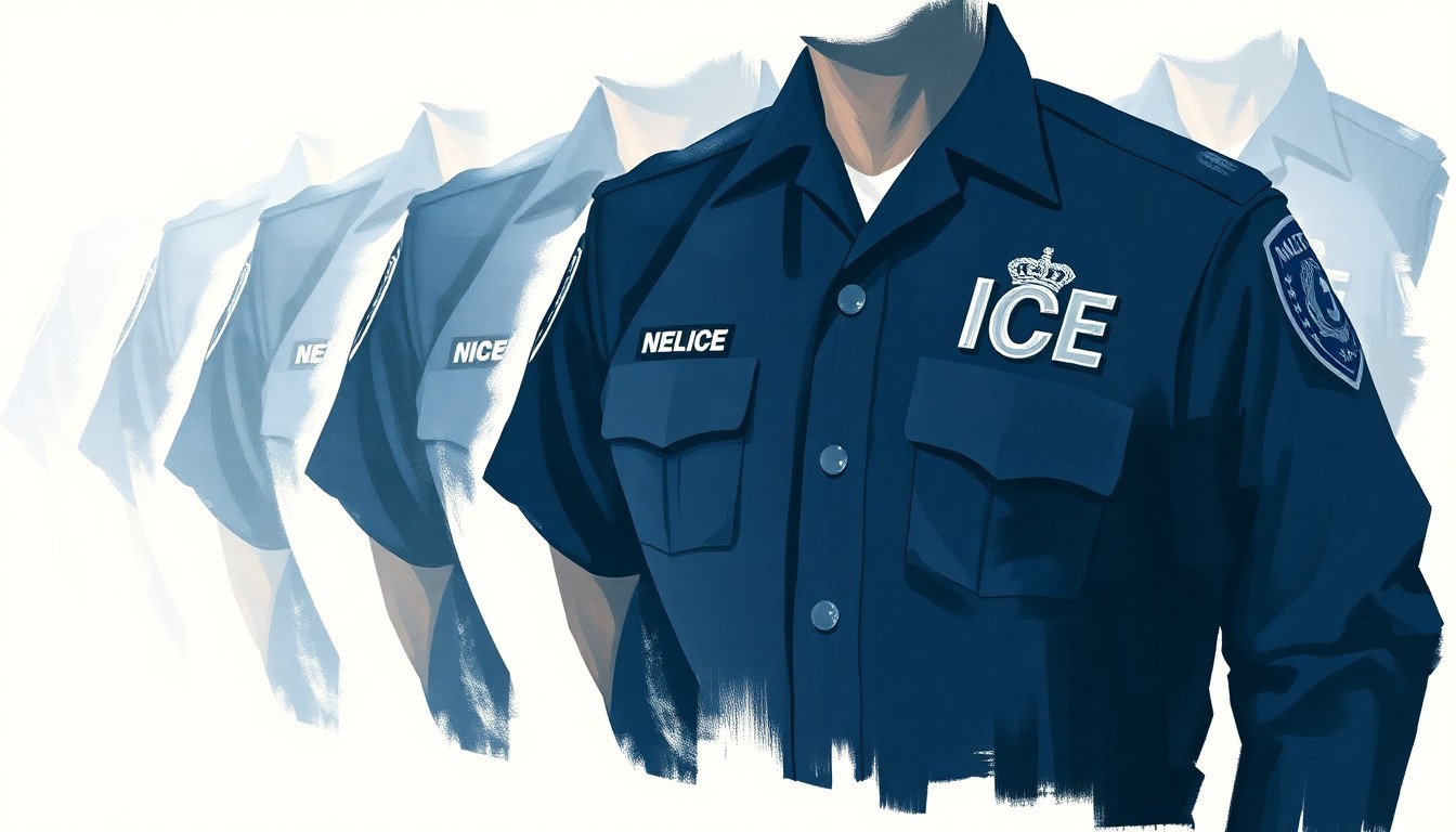 A fragmented, abstract painting of an ICE agent's uniform and badge, with the shapes and colors repeating in a dynamic, overlapping pattern that conveys a sense of motion and disruption.