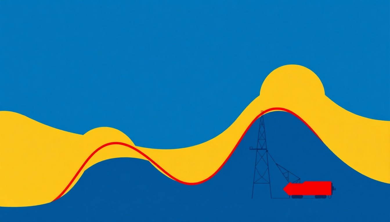 An abstract illustration composed of overlapping triangles and circles in shades of blue, red, and yellow, conceptually representing the complex interplay of global oil supply and demand.