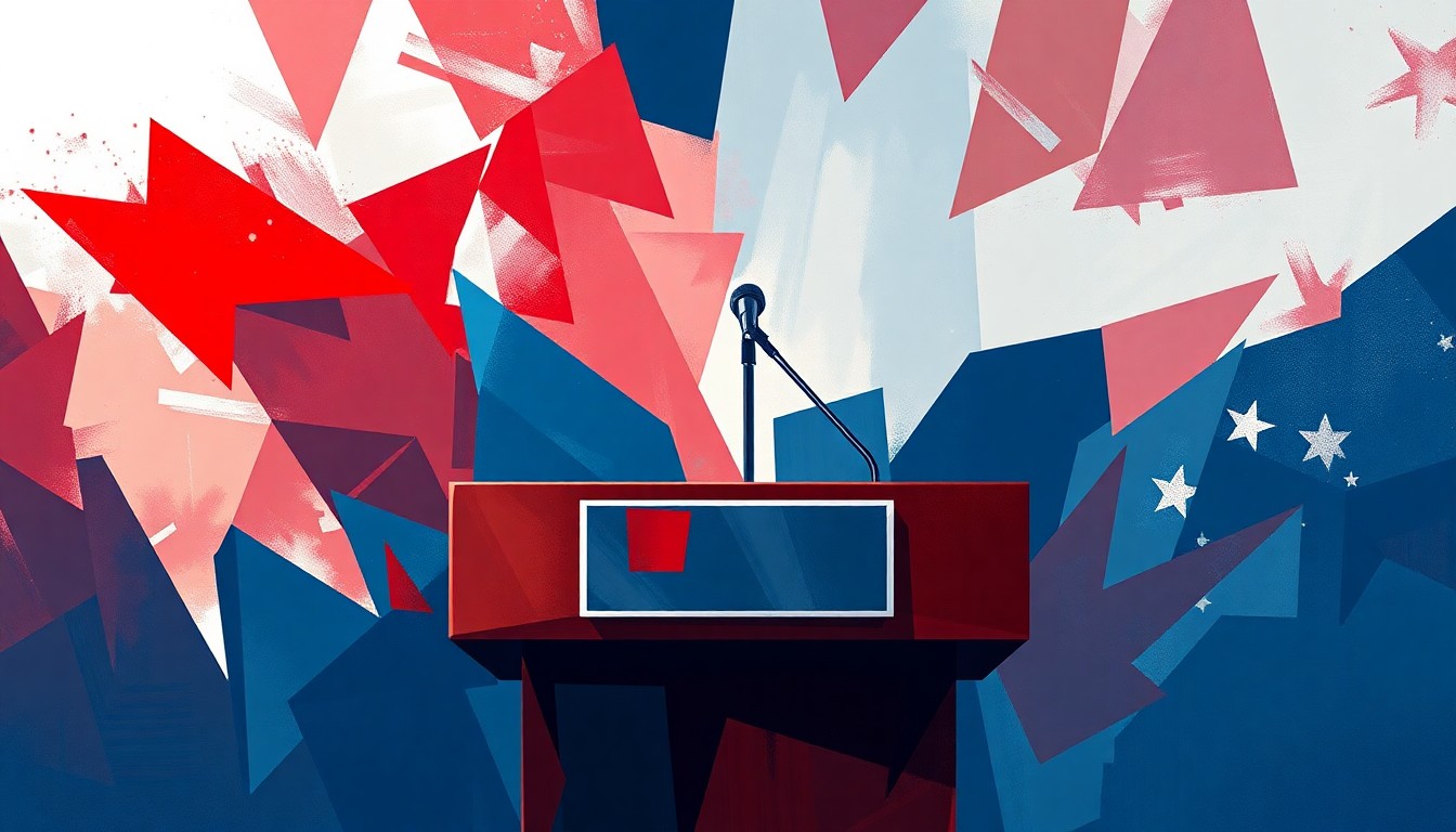 A fractured, abstract painting of a podium with a microphone, rendered in bold, overlapping strokes of red, white, and blue, conveying the charged nature of the discussion between political and religious perspectives.