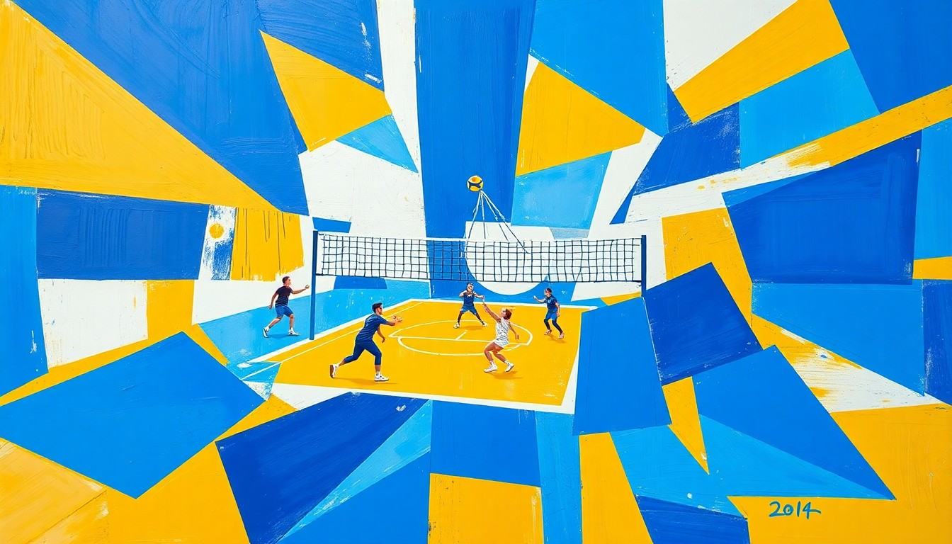 A cubist, geometric painting depicting a fragmented volleyball game, with sharp planes of blue, gold, and white representing the dynamic action on the court.