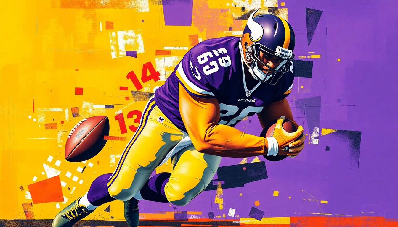 A cubist, geometric painting depicting a defensive lineman in motion, with sharp, overlapping planes of purple, gold, and white representing the Vikings' uniform colors and the fractured, multi-perspective nature of the play.