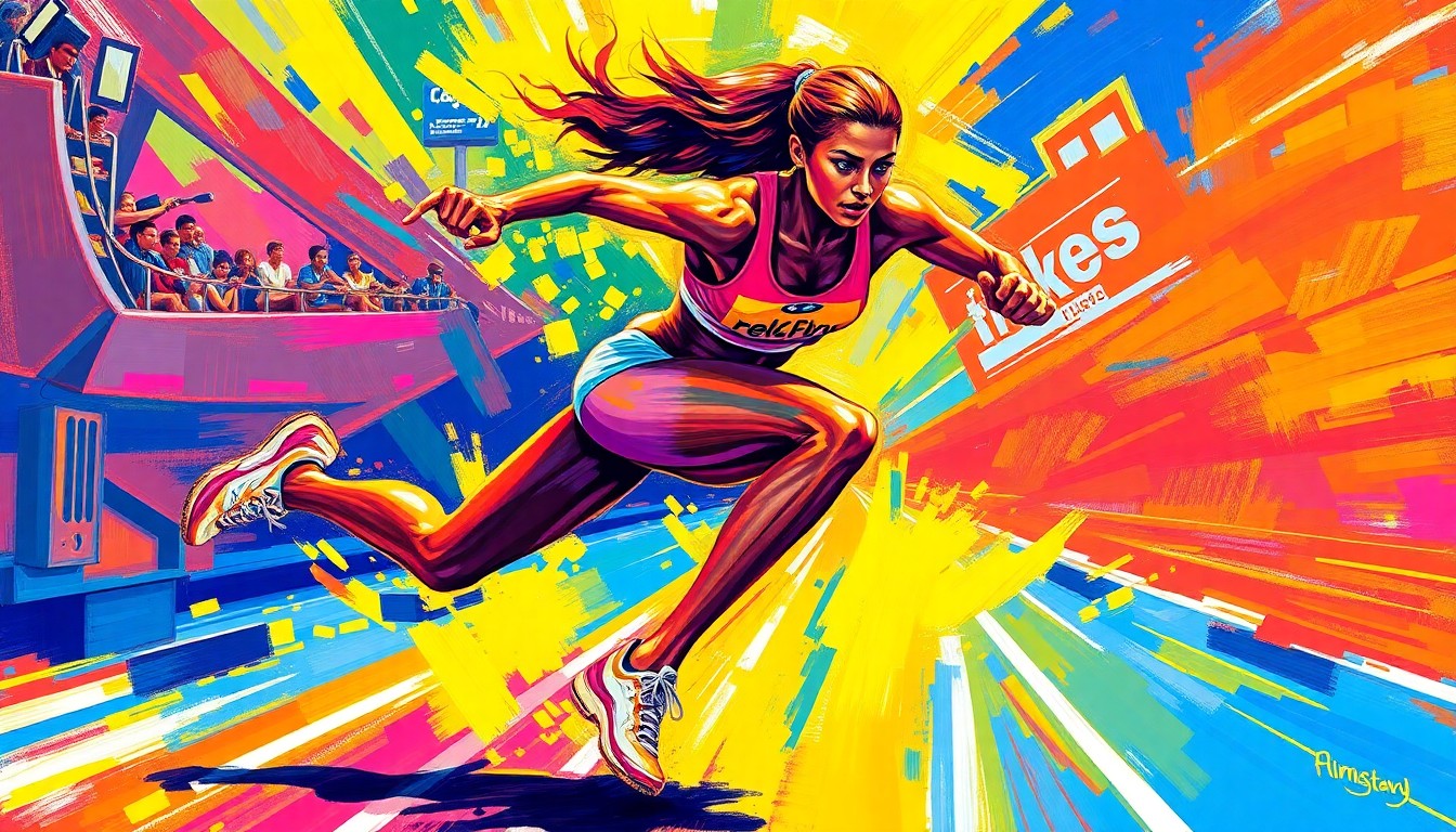 An abstract, expressionistic painting featuring vibrant brushstrokes of neon colors capturing the dynamic motion and energy of a female track and field athlete hurdling.