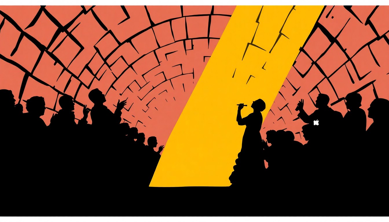 A minimalist, graphic illustration featuring bold black silhouettes of an opera singer performing in an abstract, high-contrast sewer tunnel environment, conveying the conceptual idea of an unexpected artistic talent thriving in an unconventional setting.