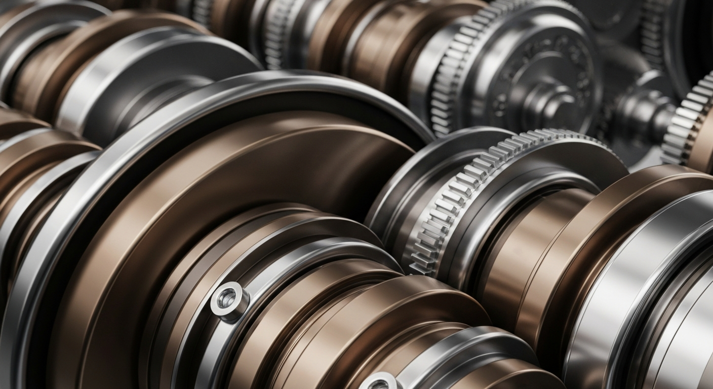 An extreme close-up of the gears, levers, and metal components of a large banking machine, conveying the tangible, industrial nature of financial institutions.