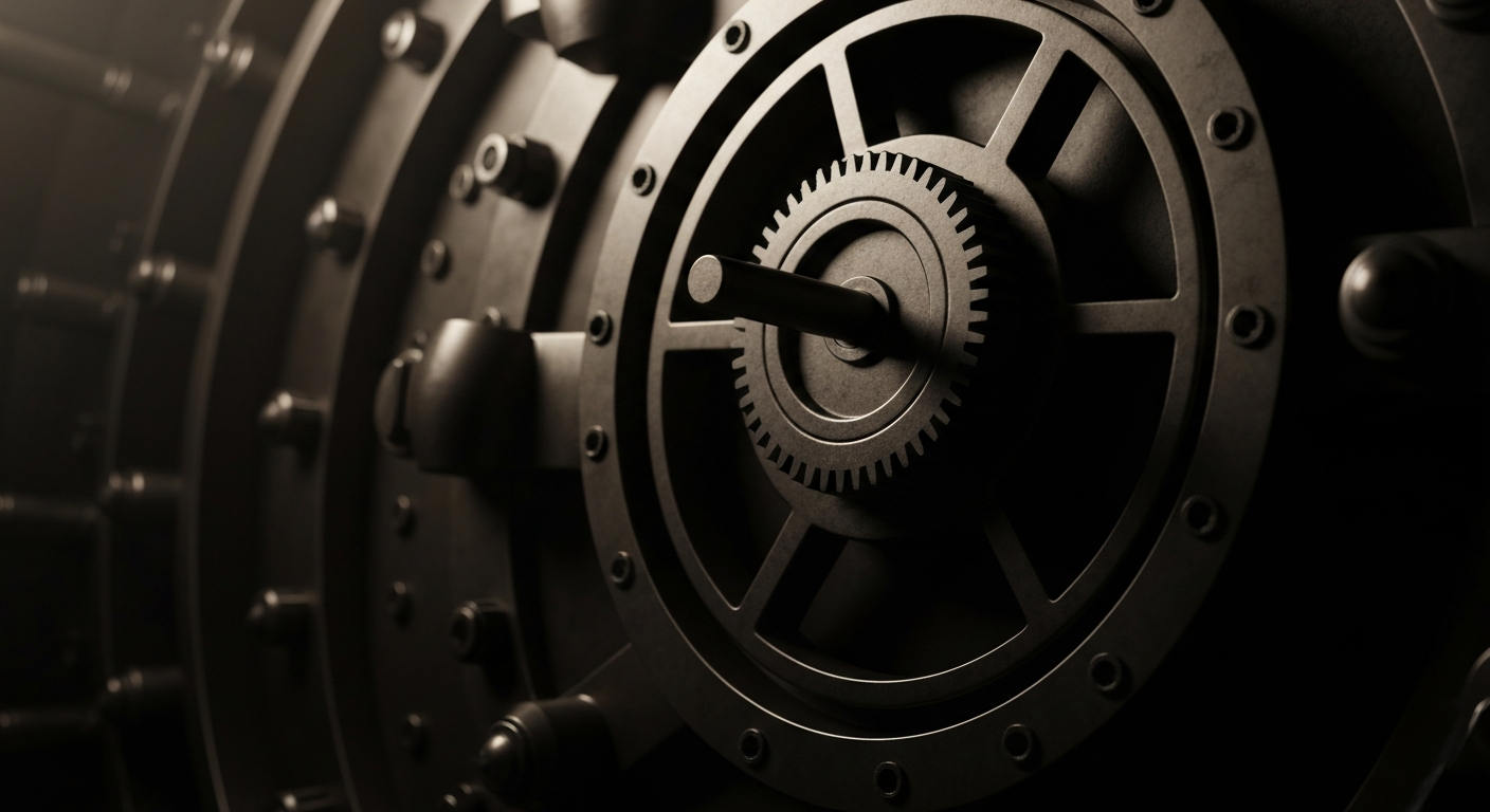 A close-up, high-contrast image of the heavy, industrial machinery and mechanisms that make up the inner workings of a large bank vault door, conveying a sense of financial security and institutional strength.