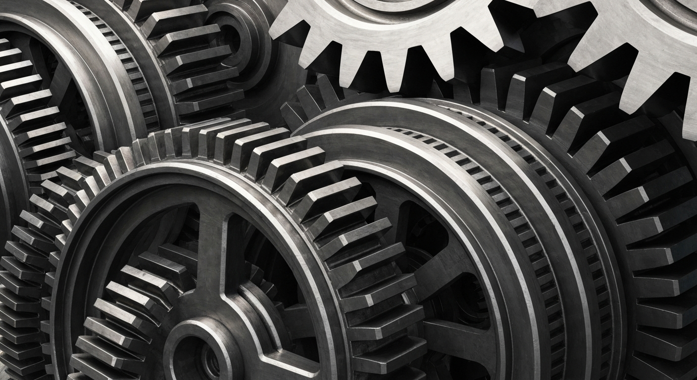 An extreme close-up of intricate, interlocking metal gears and machinery in shades of grey, bronze, and black, conveying the industrial power and financial strength of a major defense contractor.